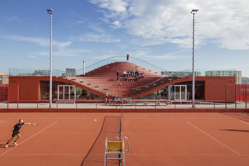 architectmag's tweet photo. MVRDV completes a tennis clubhouse on man-made island in the Netherlands: http://t.co/pQYKrhyk34 http://t.co/nAAMpE0y6l