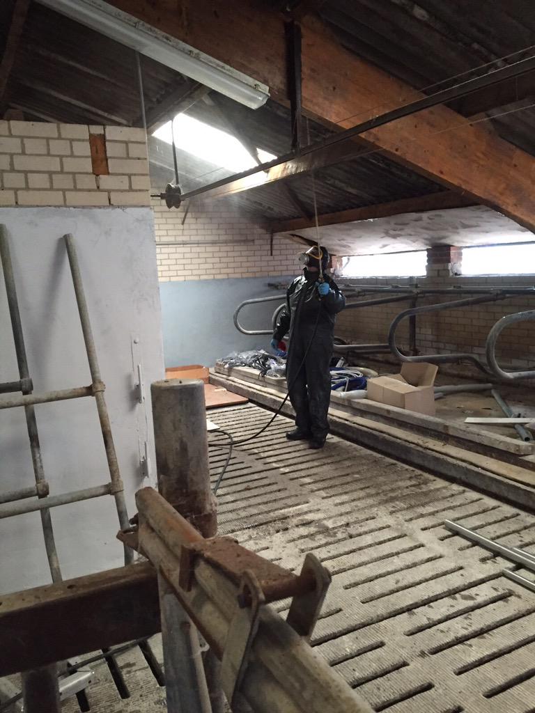 Koeienschuur actieve houtworm aantasting al het hout schoongemaakt en daarna al het hout ingespoten tegen houtworm