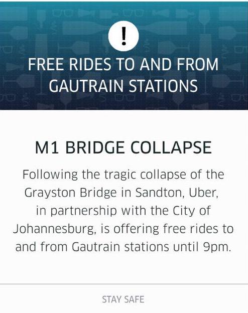 Now THIS is how you help out in a crisis. Props to <a href="/Uber_RSA/">Uber South Africa</a> for trying to help get people home quickly &amp; safely.