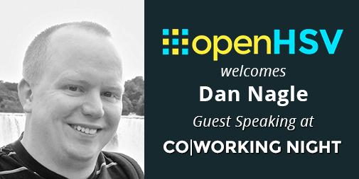 openHSV's tweet image. Don&apos;t miss the @openHSV CO|WORKING Night tonight @ALcomHuntsville at 6pm. @NagleCode guest speaks. #openHSV #askUs