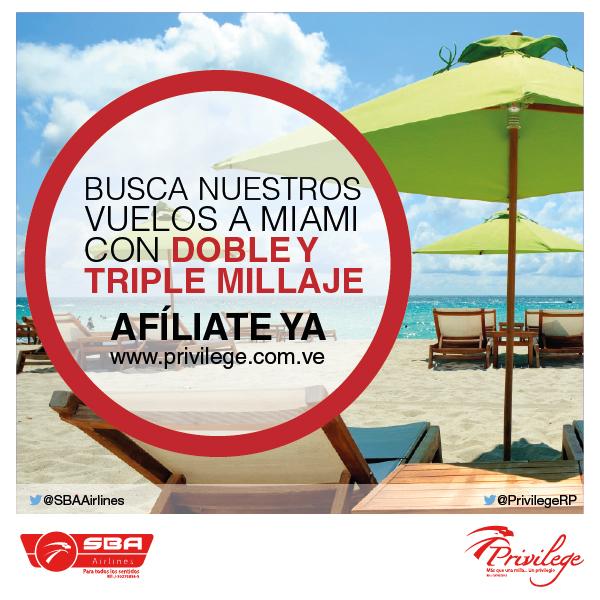 PrivilegeRP's tweet photo. Busca nuestros vuelos a #Miami @SBAAirlines y acumula un doble/triple millaje @PrivilegeRP #PromocionesPrivilege http://t.co/bekcW6x6yH