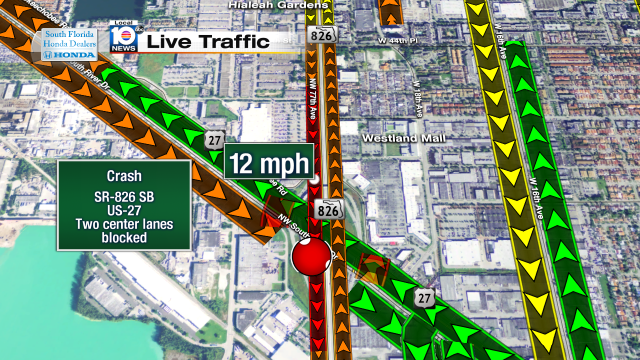 Crash on SR-826 SB at US-27. Two center lanes blocked. Speeds at 12mph #traffic #miami @JeniseFernandez http://t.co/bupcu0X7yz