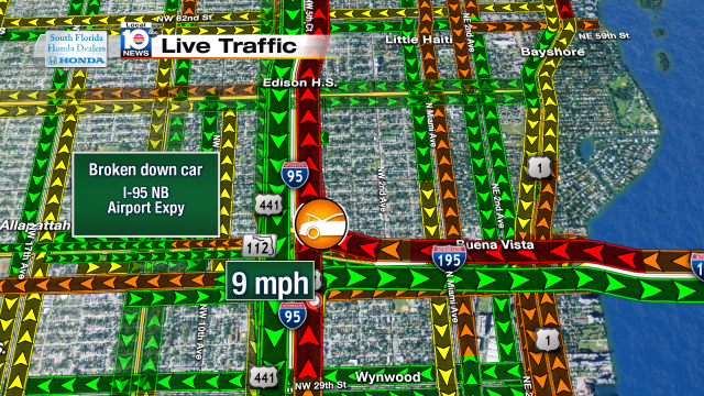 Broken down car on I-95 NB at the Airport Expy. Speeds at 9mph #traffic #miami @JeniseFernandez http://t.co/TX1LOrqr9A