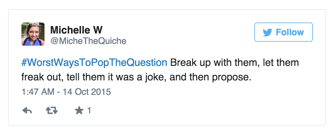 GuidesForBrides's tweet photo. We love these hilarious #WorstWaysToPopTheQuestion tweets. http://t.co/QPv1GfESOH @HuffPostWedding #proposal http://t.co/HsgPRqiP7C