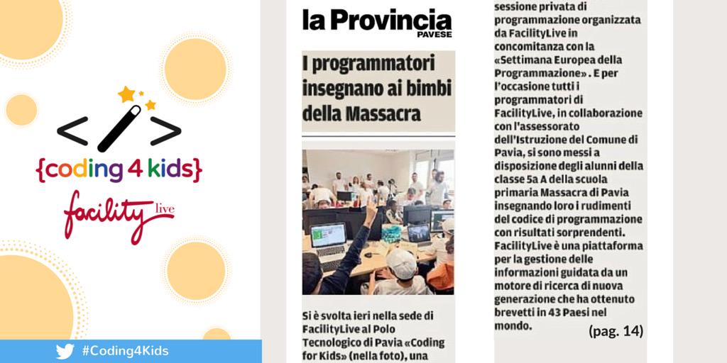FacilityLive's tweet image. Oggi, giovedì 15/10, La @provinciapavese parla di #Coding4KidsPV a pag. 14 #codeweekeu #CodeEU #eskills #Pavia