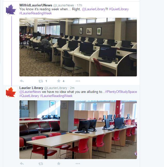 snicholson's tweet image. You know it&apos;s quiet time when the Laurier social media accounts are talking to each other. :)  #LaurierReadingWeek