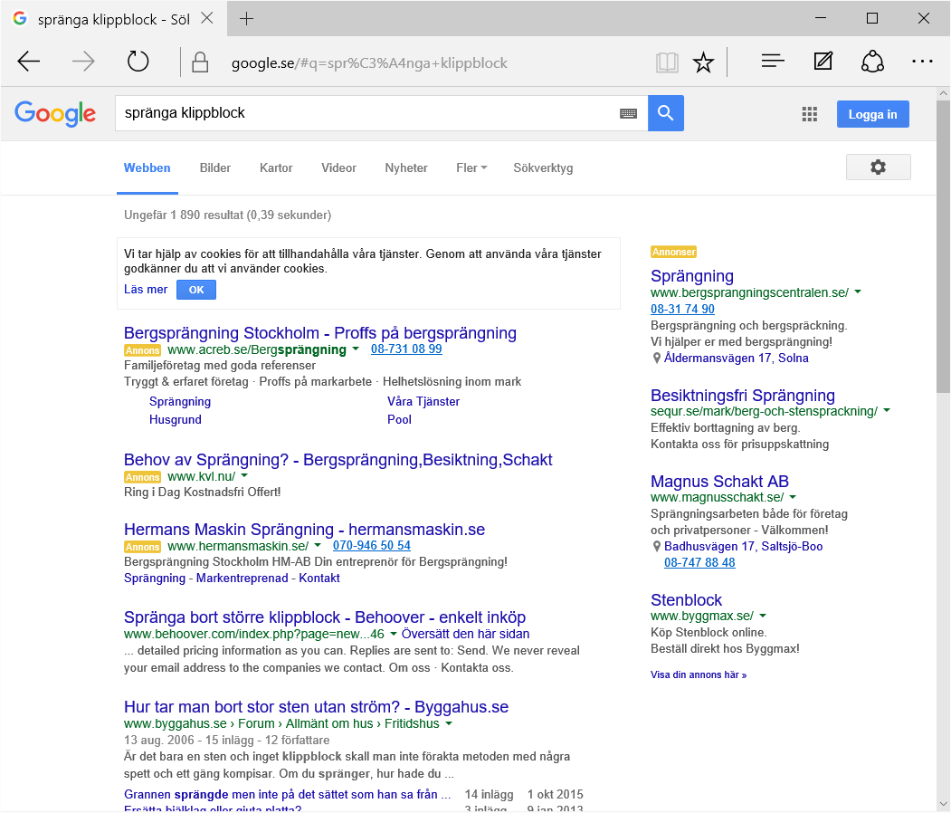BehooverAB's tweet photo. Our first #1 on Google came today, with "spränga klippblock", which means rock blasting in Swedish. http://t.co/skfIvSjkem