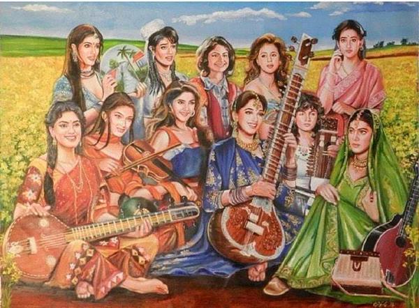 This might be the best painting I've ever seen! All my favourite 90s heroines in one frame! #bollywood #90sactresses