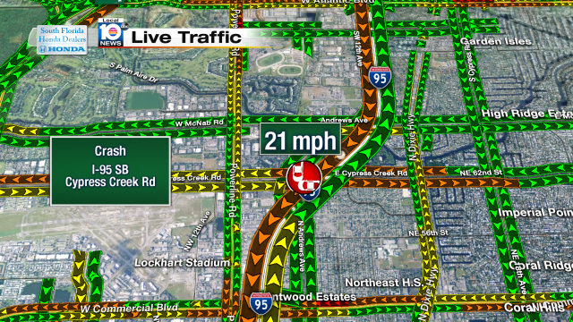 Crash on I-95 SB at Cypress Creek Rd. Speeds at 21mph #traffic #broward @JeniseFernandez http://t.co/OhMQZosdL4