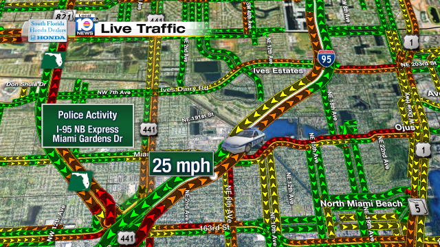 Delays on I-95 NB b/w Miami Gardens Dr and Ives Dairy Rd due to police activity. Speeds at 25mph #traffic #miami http://t.co/uoJafnPwX6