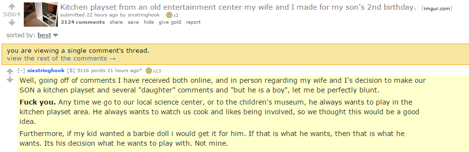 1. dad and mom build kitchen for their son
2. reddit is shit
3. dad is great