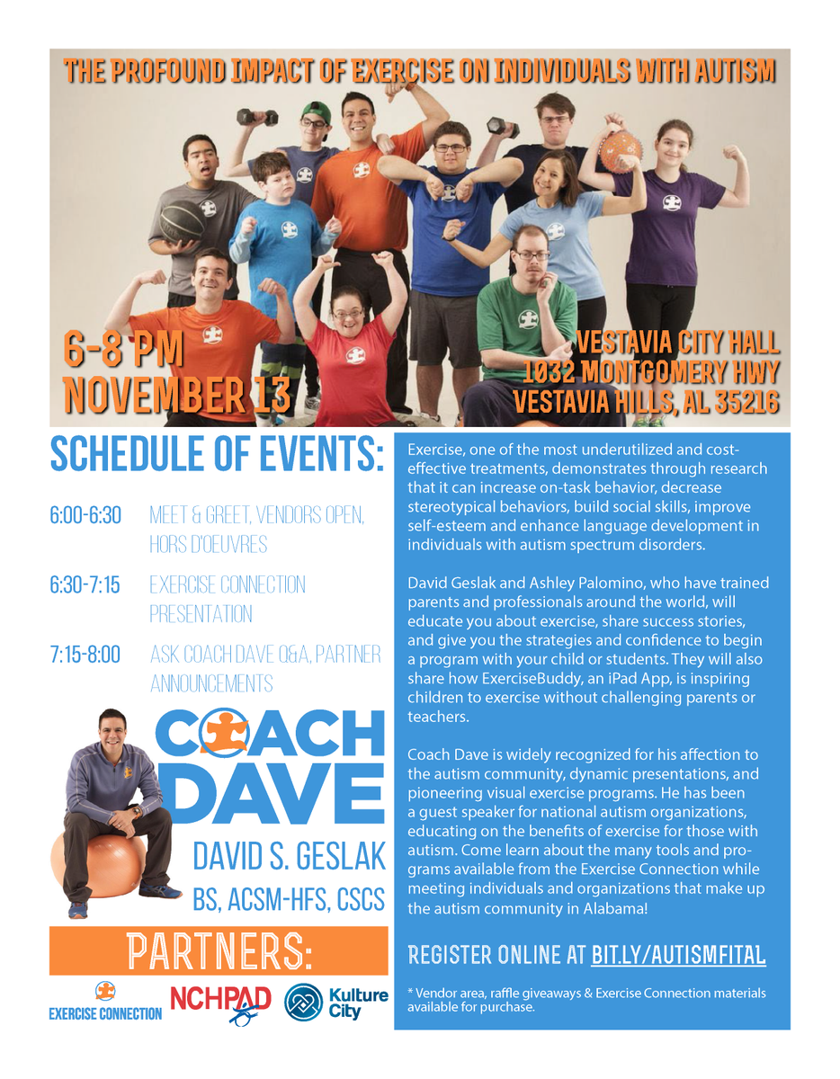 getmovingAL's tweet photo. Check out this event on exercise &amp; autism in Vestavia. We want everyBODY to #GetMovingAL! http://t.co/TUfIZNJfqv http://t.co/prDvoB7SOD