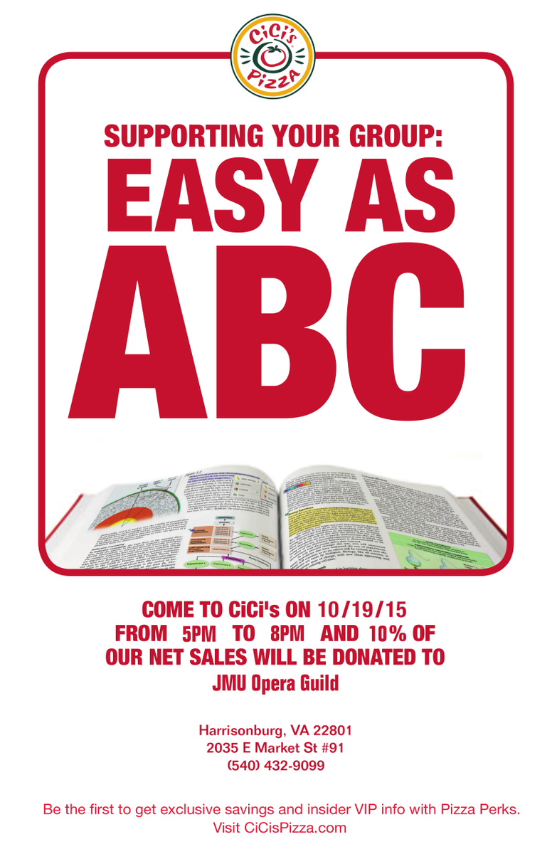 JMUOperaGuild's tweet image. Come out to Cici's next Mon 10/19 from 5-8pm to support Opera Guild! @BeInvolvedJMU  #Fundraiser #JMU