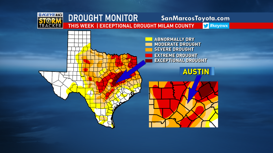 ChikageWeather's tweet photo. Latest #DroughtMonitor shows #ExceptionalDrought in #Milam Co. now! #keyewx @keyetv http://t.co/tNOMEsA6kt http://t.co/0DJzP7ell1