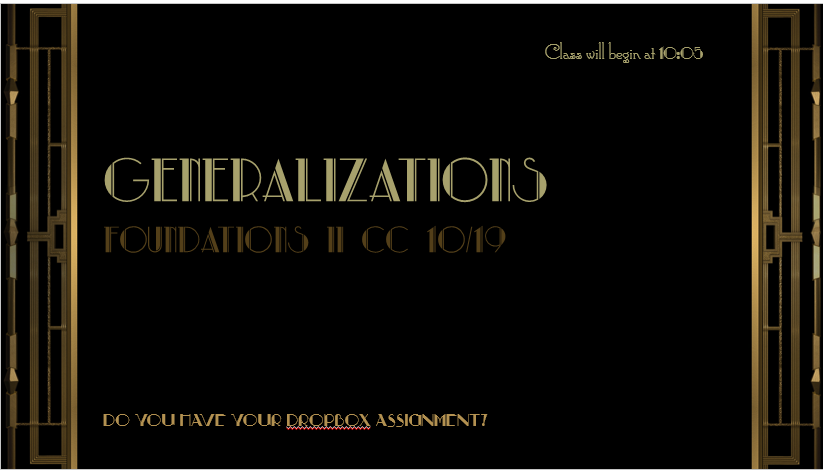 MsJibson's tweet image. Gatsby-themed ppt b/c we are going to play Two Truths and a Lie to talk about generalizations! #foundations2