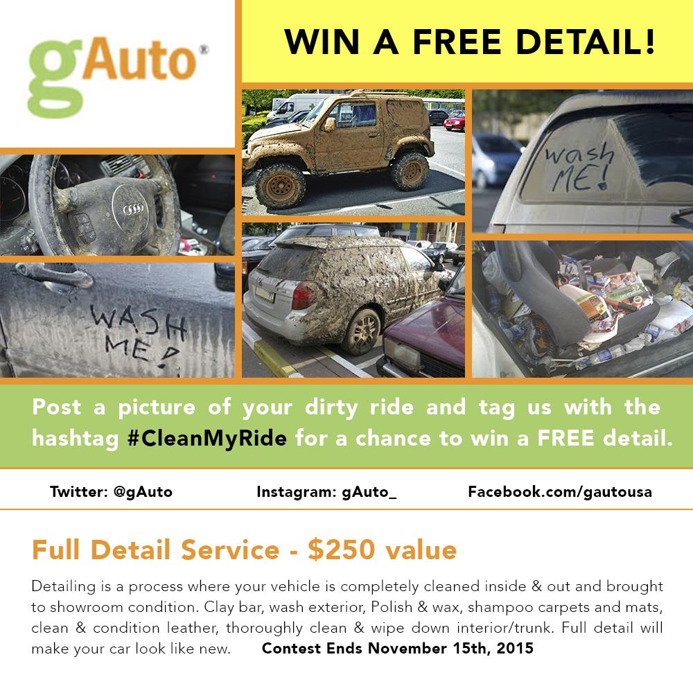 gAuto's tweet image. Post pictures of your dirty ride and tag us along with the hashtag #CleanMyRide for a chance to win a FREE detail!