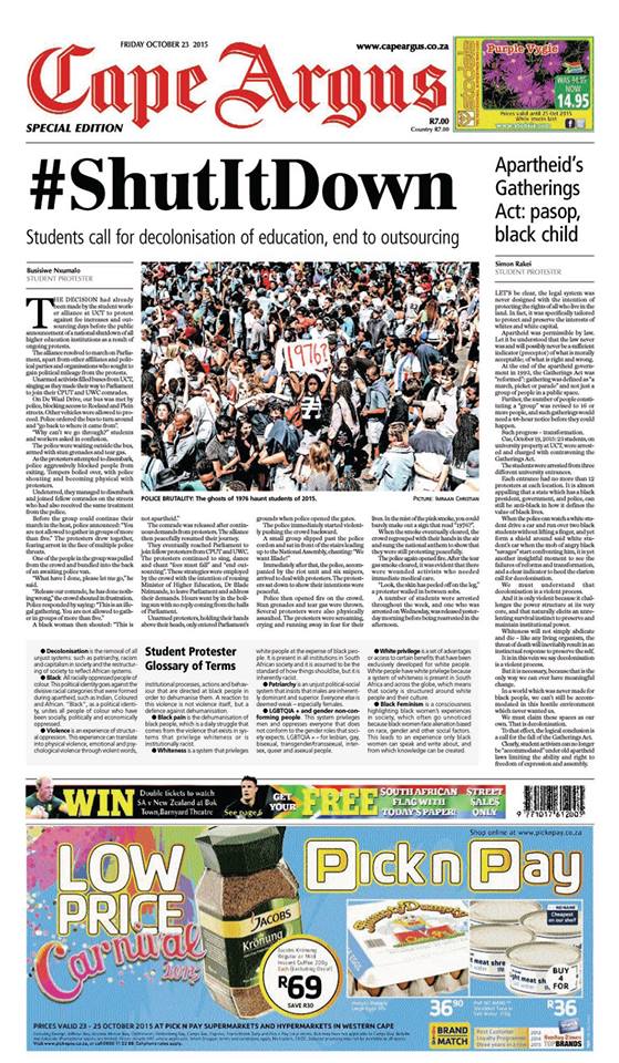 lead_sa's tweet photo. This is the front page of the @TheCapeArgus today-thank you for giving platform to students to speak out https://t.co/7KPe23tLxQ
