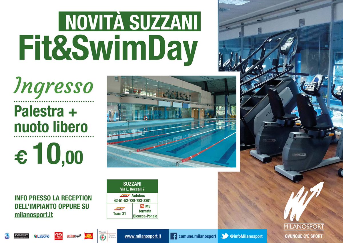 infoMilanosport's tweet photo. #milanosport #Suzzani #novità
FIT&SWIM DAY
Con un unico ingresso NUOTO e allenamento in PALESTRA.
Da non perdere! https://t.co/e1Qc5agwS5