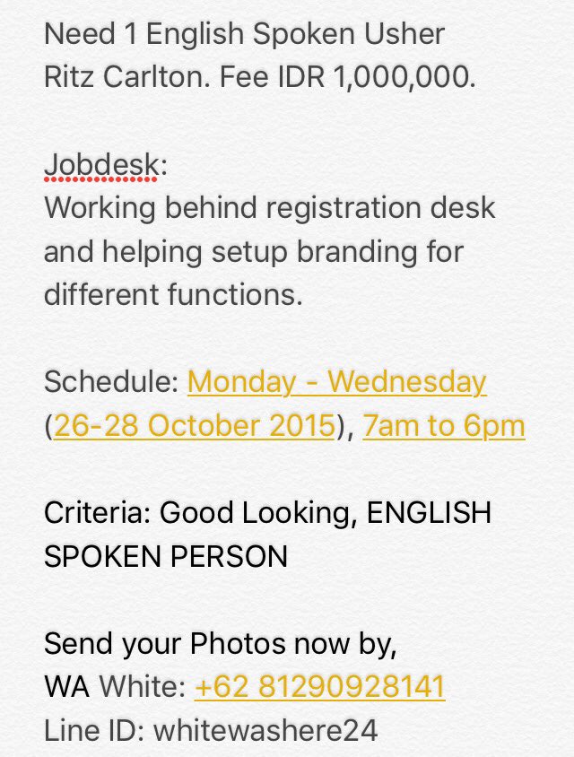 bleumoleSPG's tweet photo. Need 1 English Spoken Usher. Event in Ritz Carlton, Mega Kuningan. Fee Rp. 1 mi @pakarSPG thank you. https://t.co/wVaqP0bM6I