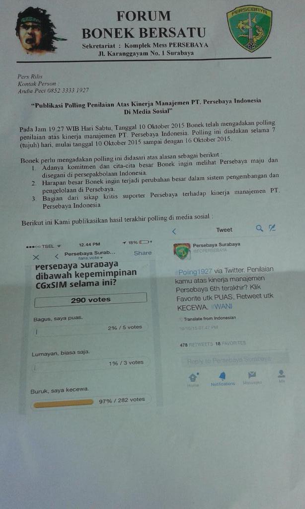 Press Rilis Forum Bonek Bersatu 16 Oktober 2015 cc <a href="/Green_Nord27/">GREEN NORD 27</a> <a href="/AndiePeci/">Andie Peci</a> <a href="/Mabes1927/">Mabes Arek Bonek1927</a> <a href="/bonekcasuals/">#USUTTUNTAS</a>