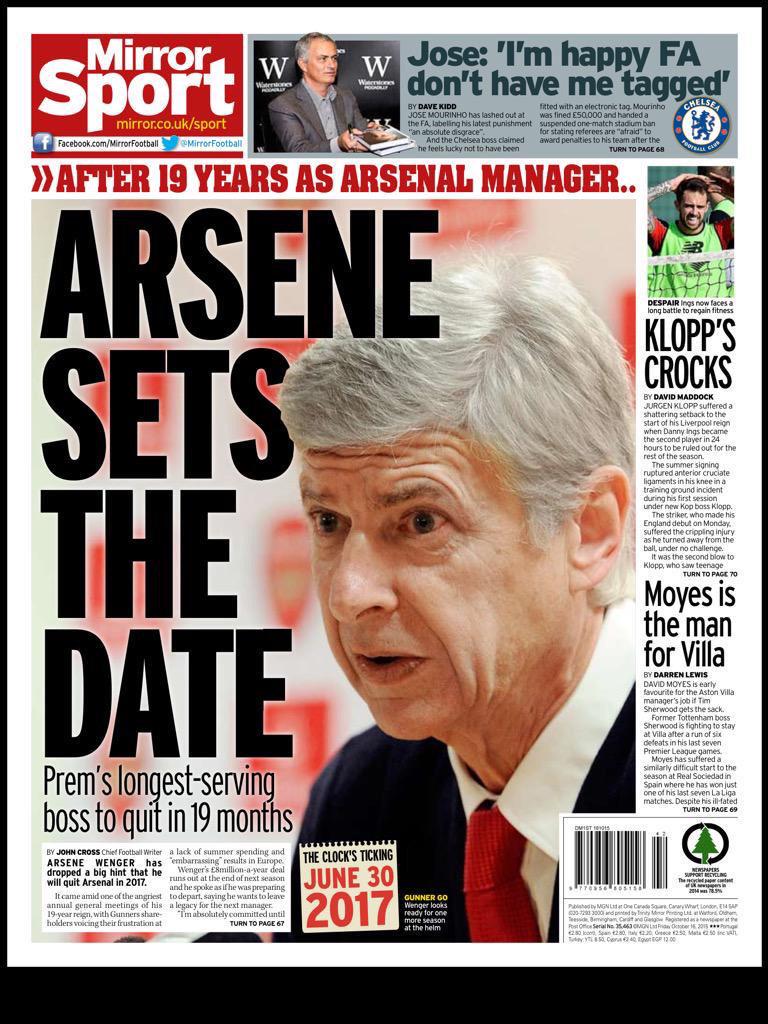 Wenger Out? Arsene to quit Arsenal by 2017 [Mirror]