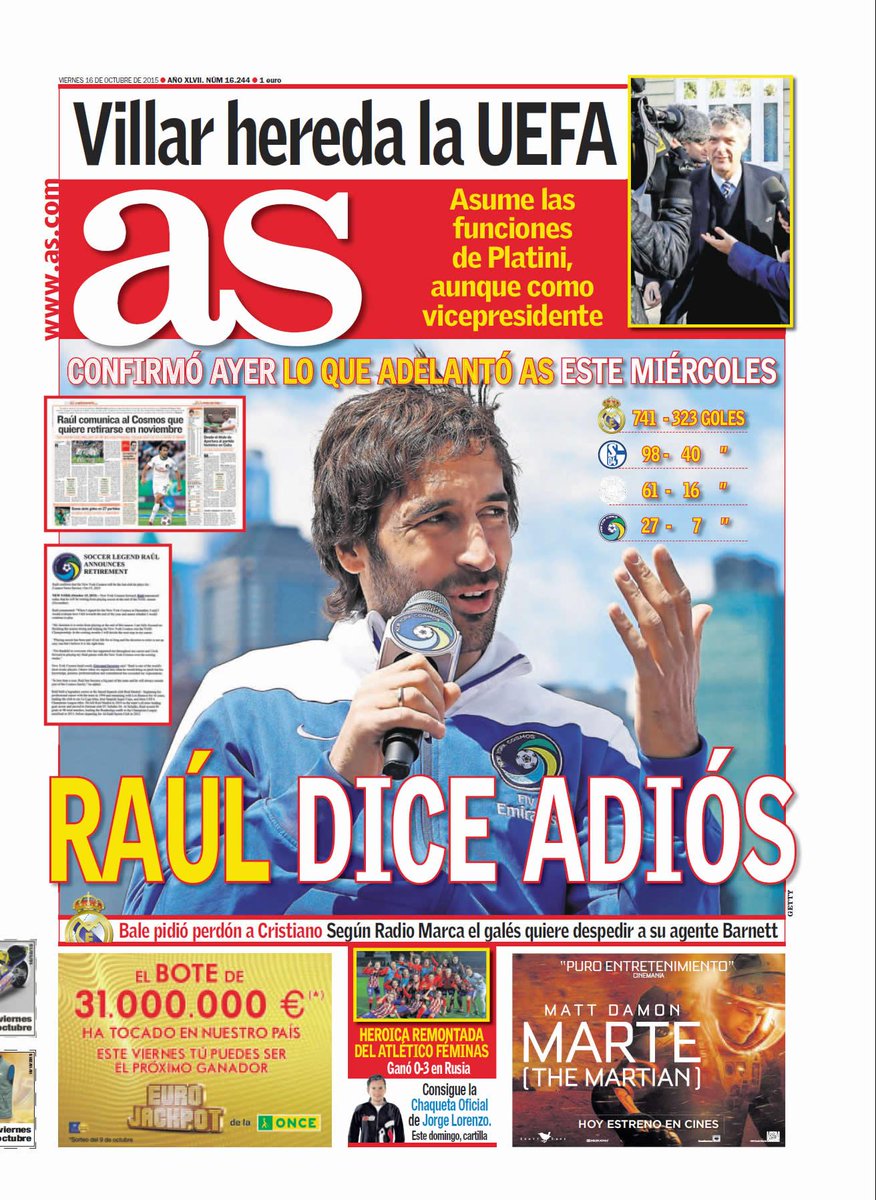 diarioas's tweet photo. ¡Buenos días! Esta es nuestra portada de hoy en http://t.co/tUGaoHDuVJ: 'Raúl dice adiós' http://t.co/0jL8MCFtSq
