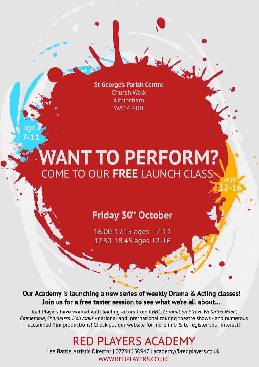 LeeBattle's tweet image. Red Players Academy: new acting classes for ages 7-16 in Altrincham! Free taster session Friday 30th October!