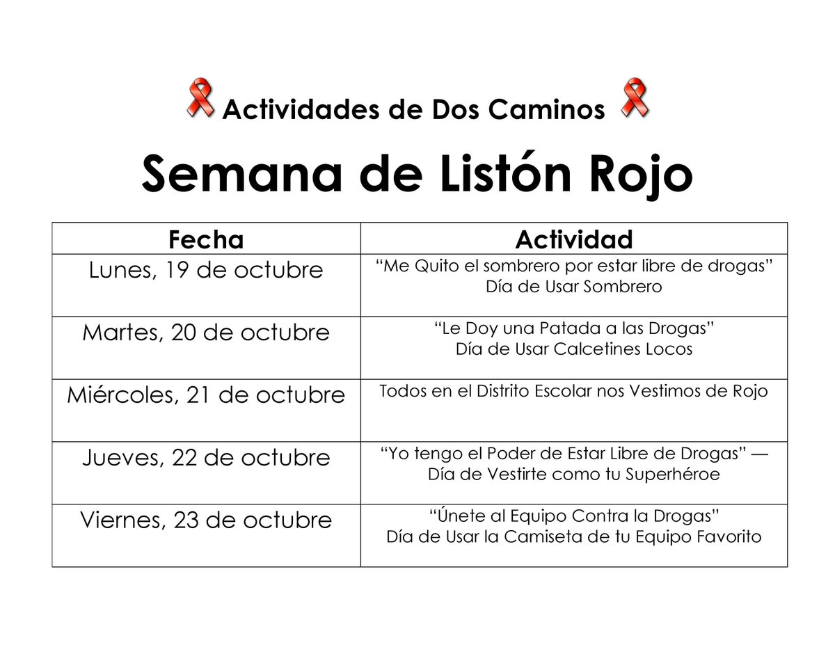 Red Ribbon Week
Monday, 10/19 - Friday, 10/23. 
Students are encouraged to show support of healthy choices!