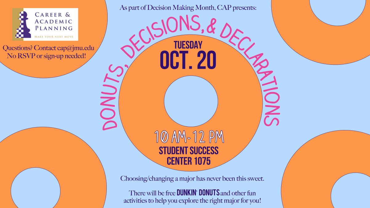 Looking to change or choose your major? Don't miss this event! <a href="/sgajmu2019/">JMU Class of 2019</a> <a href="/sgajmu2018/">JMU Class of 2018</a> jmu.edu/cap/decisions/