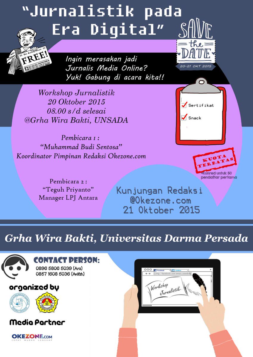 Halo <a href="/HIMANEDA/">HIMANEDA Official</a> bantu retweet ya kak! LPM Swara Unsada kembali mengadakan Workshop nih. More info cek pict ya