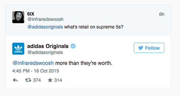 ComplexSneakers's tweet photo. adidas fired major shots at Nike over the Supreme x Air Jordans: http://t.co/gaUwQ1wvun http://t.co/6a8oF9JJq6