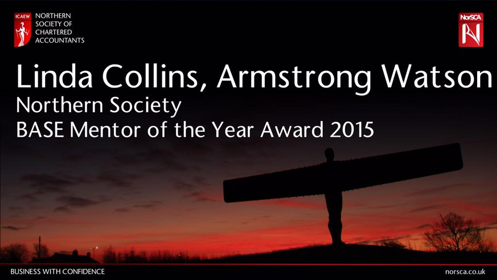 ICAEW_NorSCA's tweet photo. Congratulations Linda Collins @ArmstrongWatson winner Northern Society #BASE2015 Mentor of the Year #NorSCADinner http://t.co/yaa0NyCGqs