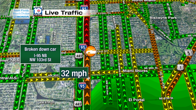 Broken down car on I-95 NB express at NW 103rd St. Speeds at 32mph #traffic #miami @JeniseFernandez http://t.co/aWLGuKKYTX