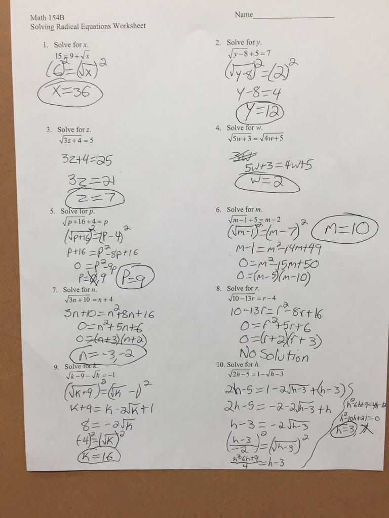 Mr Clark On Twitter Algebra 2 Solving Radical Equations Worksheet