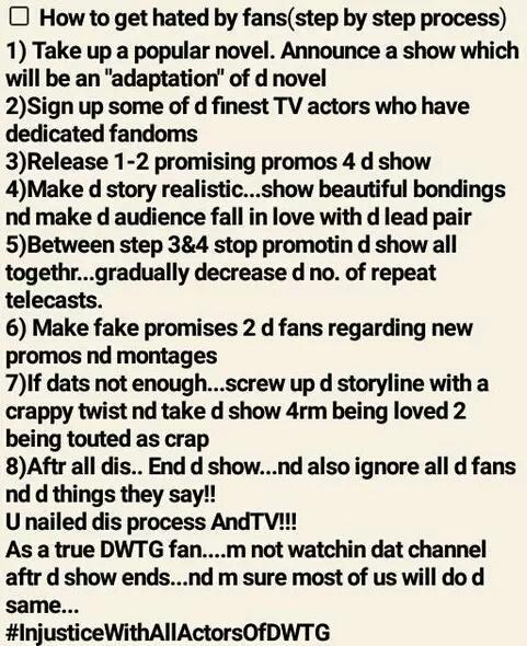 TeamMeeraD's tweet photo. @AndTVOfficial @sidpmalhotra 
#InjusticeWithAllActorsOfDWTG
#InjusticeWithFans http://t.co/wHzZgo1G2K