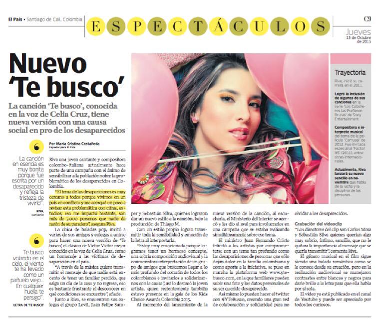 RivaPopMusic's tweet photo. Gracias @elpaiscali por el articulo sobre #YTeBusco. Seguimos llevando el mensaje sobre las desapariciones en Col ❤️ http://t.co/GP81RXzC4J