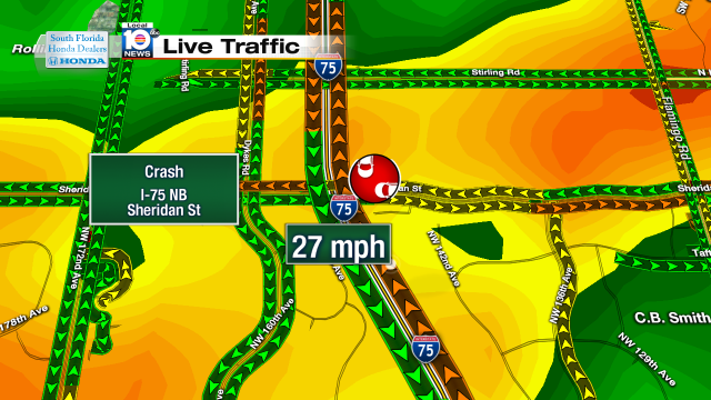 Crash on I-75 NB at Sheridan St. Speeds at 27mph #traffic #broward @JeniseFernandez http://t.co/b5S74jv38M