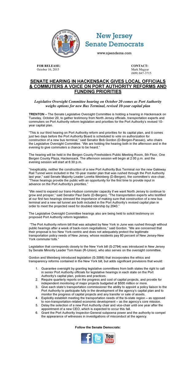 BobGordon38's tweet photo. Oversight hearing on #PAreform - Tues Oct 20 in Hackensack. Great opp for commuters to voice their concerns #PANYNJ http://t.co/8lxjnsugPV