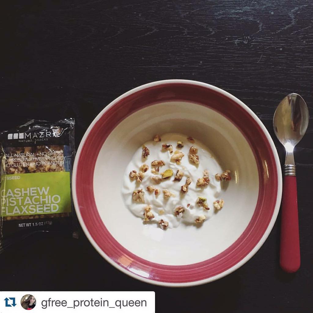 mazrasnacks's tweet photo. Cashew Pistachio Flaxseed bar pieces topped over yogurt. #Simple #SnackNaturally #MazraBar http://t.co/D6ZrMNYi6m