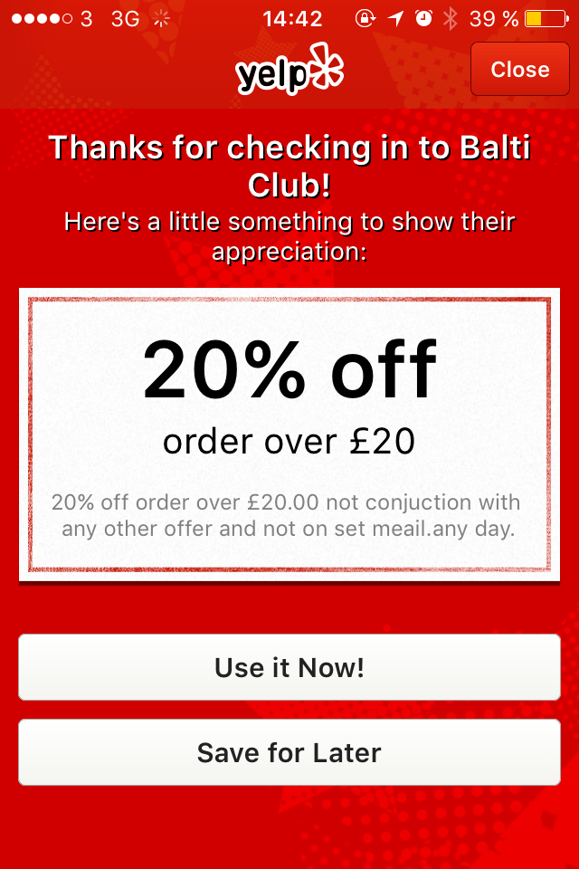 yelpglasgow's tweet photo. Fancy a takeaway? Yelp's #checkinoffer of the week gives you 20% off orders over £20 at Balti Club! http://t.co/685sYJ4FGS