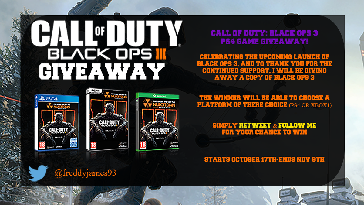 FreddyJames93's tweet photo. I'm giving away a copy of black ops 3 simply re-tweet and follow. winner announced 6th November. #BlackOps3 http://t.co/m29IZKNqIu