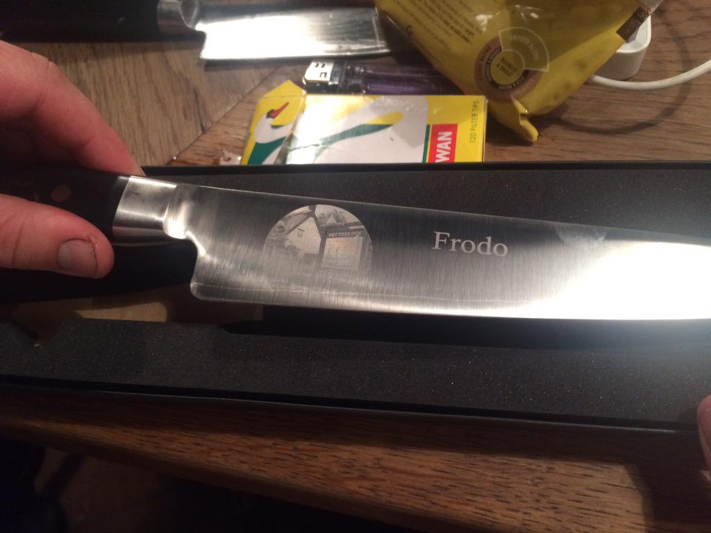 Nuttreeinn's tweet photo. End of an era! Goodbye Frodo!! Thanks @IOShenknives #nuttreeinn #knifeart #endofanera http://t.co/6bghOq4aNz