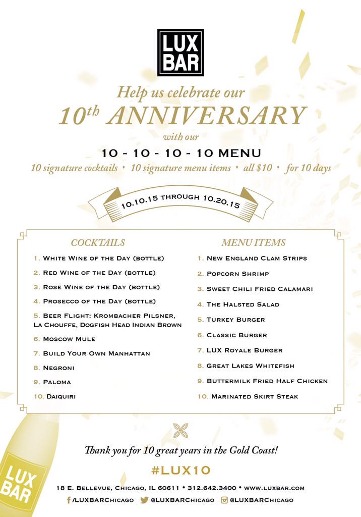 LUXBARChicago's tweet photo. 10 Signature Cocktails ~ 10 Signature Menu Items ~ All $10 ~ For 10 Days! Don't. Miss. Out. #LUX10 http://t.co/I8xMTXJNRr