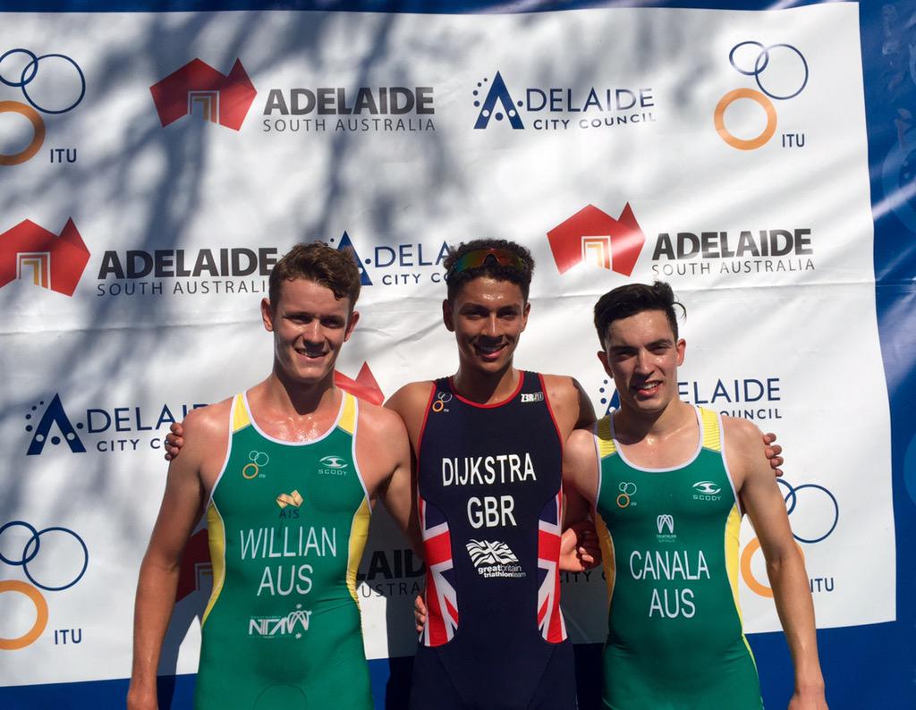 Junior men World Duathlon podium Ben Dijkstra GBR 1st <a href="/lukewillian/">Luke Willian</a> AUS 2nd &amp; local Adelaide boy Daniel Canala 3rd