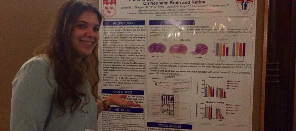 PiaWintermark's tweet photo. One proud #NeoBrainLab kid Bianca presenting her first poster @McGillU Faculty Science Undergraduate Research Confer http://t.co/u7z4HgJ2xi