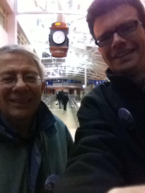 TranspoActionON's tweet image. Doug Wilson &amp;amp; Scott St John at London VIA station, handing out "vote for trains" postcards! (And chatting w passgrs)