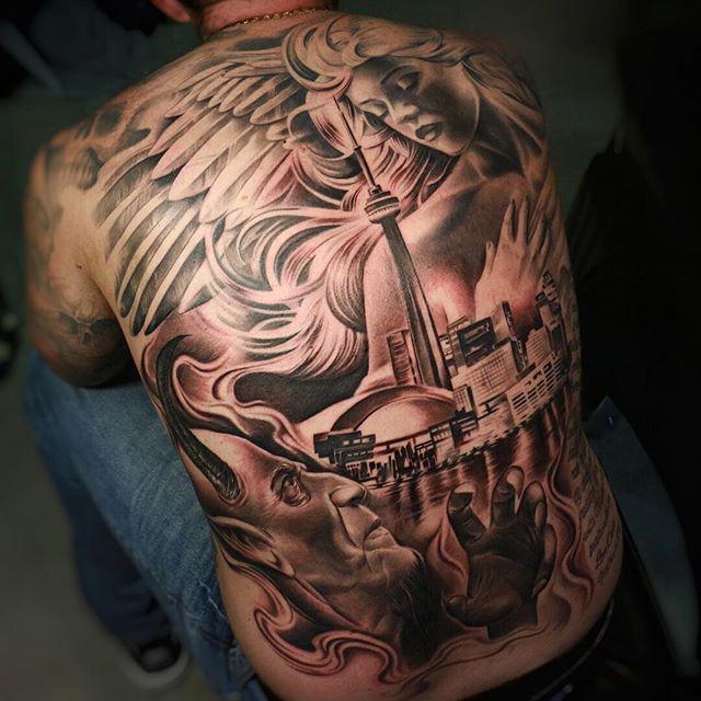 Street City Tattoos on X: "Got this back piece done up. Battle vs good and  evil over the city. #sirfocus @streetcitytat..https://t.co/I8hMtYOu4H  http://t.co/R3Rj1LukW6" / X