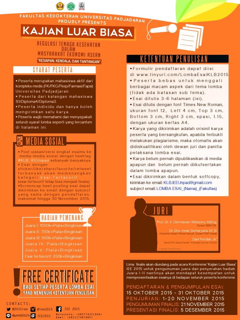 2015IEE's tweet photo. Lomba Esai KLB FK Unpad 2015
Are you brave enough? 
More info
FB: IEE 2015
Line: @phh8002h
#IdareIcare
#KLB_IEEUnpad http://t.co/II0wB9b0Z2