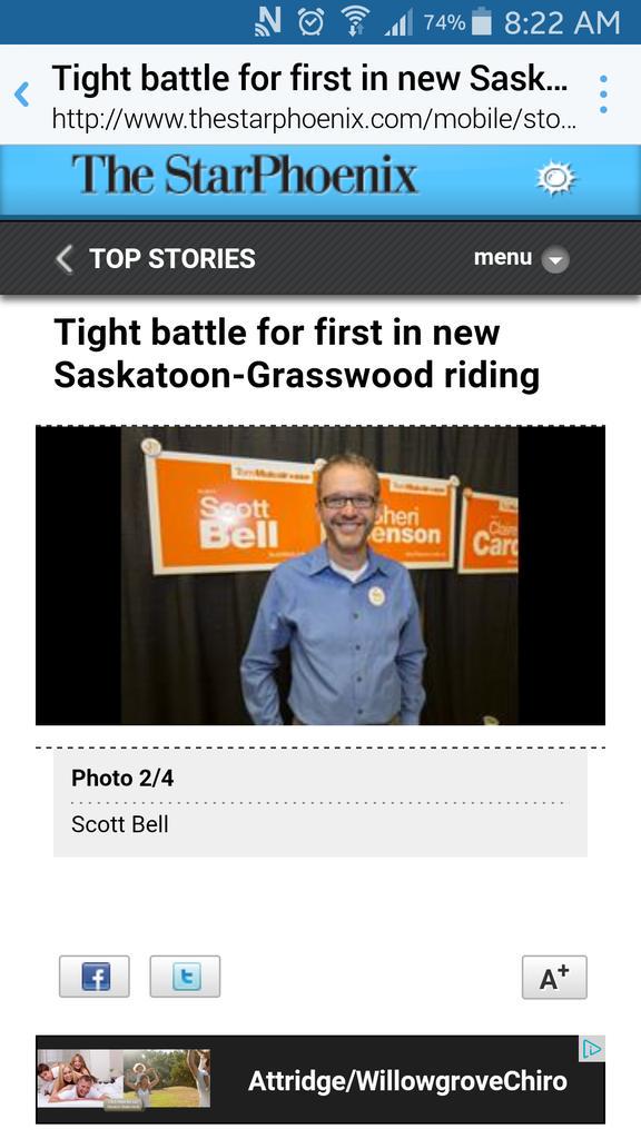 ScottBellNDP's tweet photo. @Fbt7000Fahmy Thanks for your support #ScottBellNDP #RealChoice4Change in #SaskatoonGrasswood http://t.co/nw4WZYQNBG