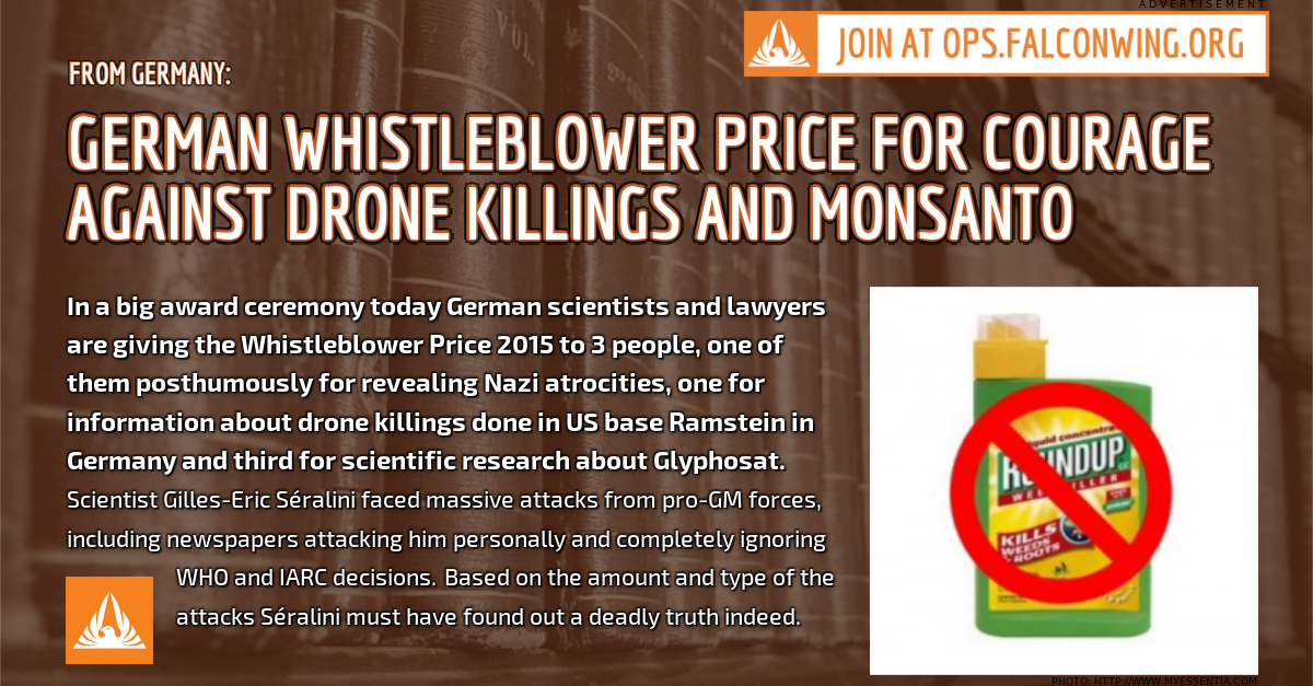 FalconwingNews's tweet photo. German #Whistleblower Price for courage against #drone killings and #Monsanto [http://t.co/GMd1kcJ9jX] http://t.co/ncX6aINMEQ